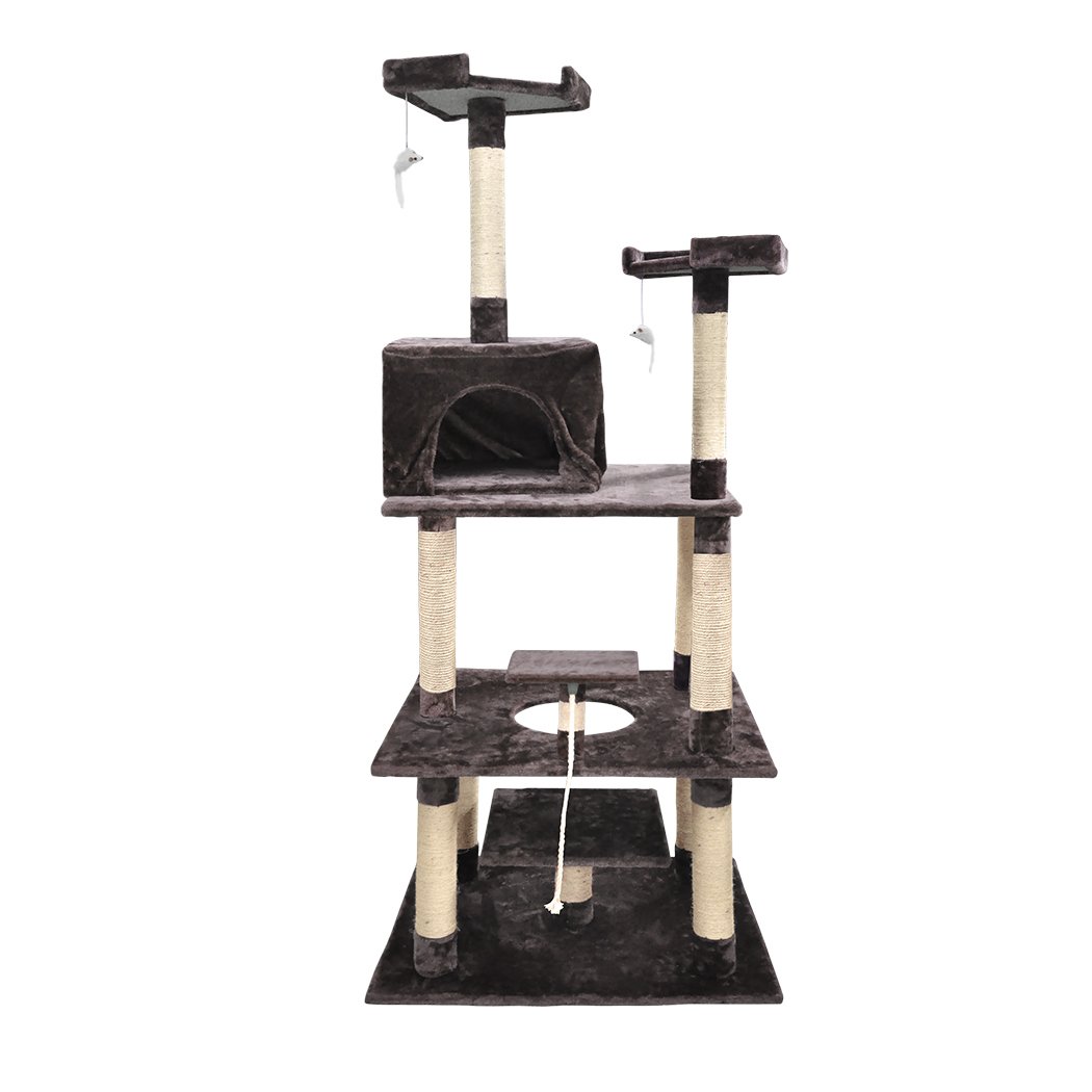 PaWz 1.98M Cat Scratching Post Tree Gym in dark brown, featuring multi-level platforms, sisal-wrapped posts, and plush covering for cat comfort.